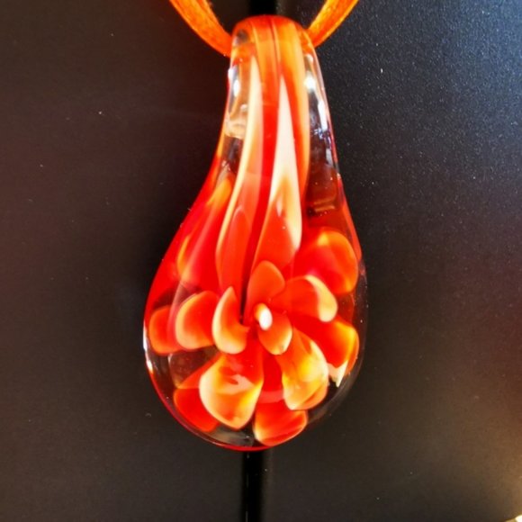 Art Glass Pendent Clear Glass with Orange Flower ~ Ribbon and Cord Nec… - Picture 9 of 16